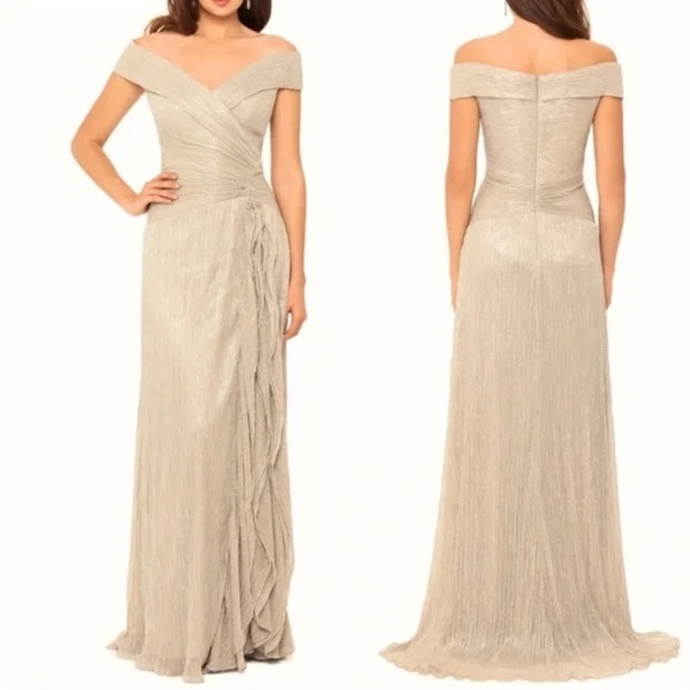 Xscape Dress Womens 8 Metallic Maxi Evening Gown Gold MRP $319